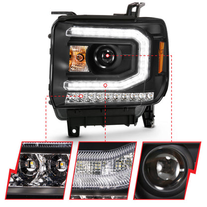 Projetor ANZO 2016-2019 Gmc Sierra 1500 Farol estilo prancha preto com sinal âmbar sequencial