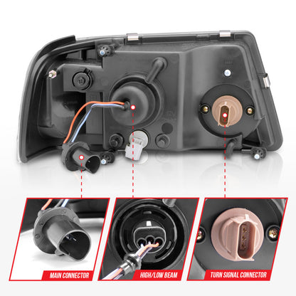 Faróis de cristal ANZO 2001-2011 Ford Ranger c/ barra de luz carcaça cromada