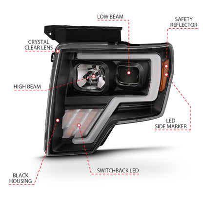 Projetor ANZO 2009-2013 Ford F-150 Barra de luz G4 Switchback HLBlack Amber