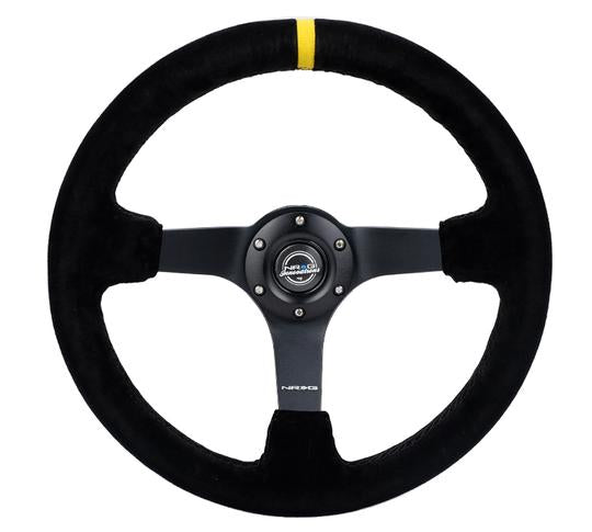 NRG - Reinforced Steering Wheel (350mm / 3in. Deep) Blk Suede/X-Stitch w/5mm Blk Spoke & Yellow CM