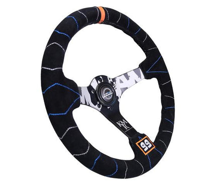 NRG - Reinforced Steering Wheel (350mm / 3in. Deep) Blk Suede w/Color Stitch (Kyle Mohan Edition)