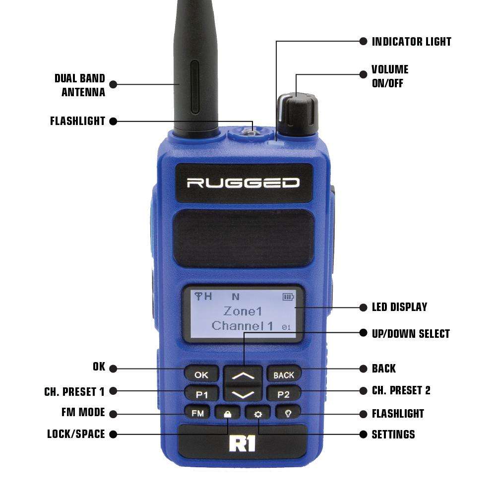 Rugged Radios - BUNDLE - R1 Handheld Radio with Long Range Antenna and High Capacity Battery
