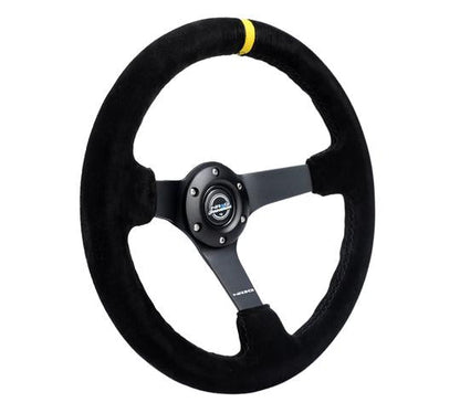 NRG - Reinforced Steering Wheel (350mm / 3in. Deep) Blk Suede/X-Stitch w/5mm Blk Spoke & Yellow CM
