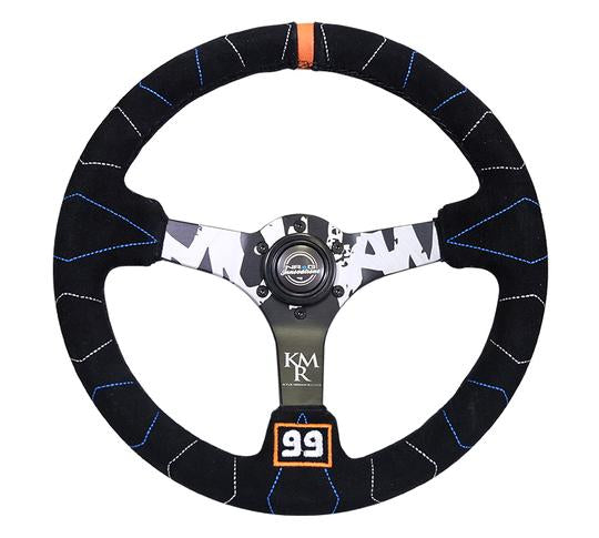 NRG - Reinforced Steering Wheel (350mm / 3in. Deep) Blk Suede w/Color Stitch (Kyle Mohan Edition)