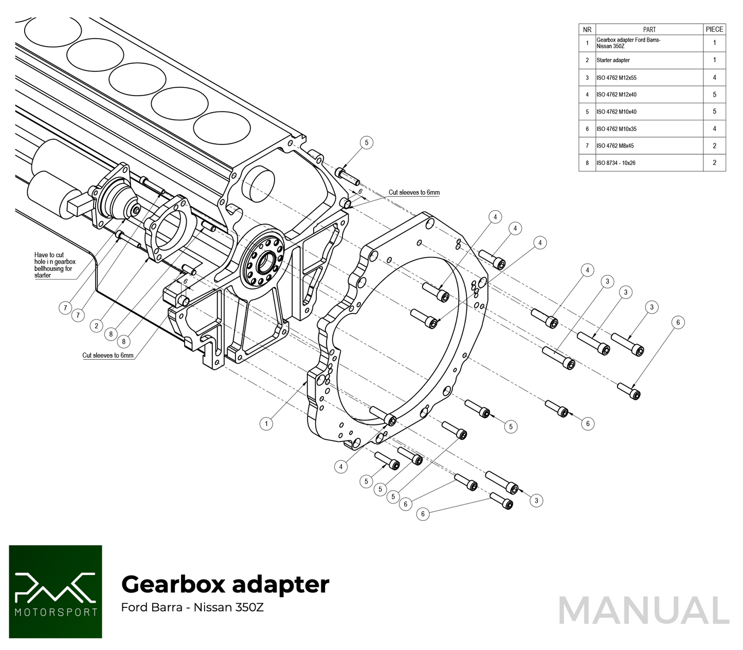 PMC Motorsport - Adapter Kit Ford Barra - Nissan 350Z Z33 370Z Z34 - 250mm / 9.84" (A-BAR-350-250)