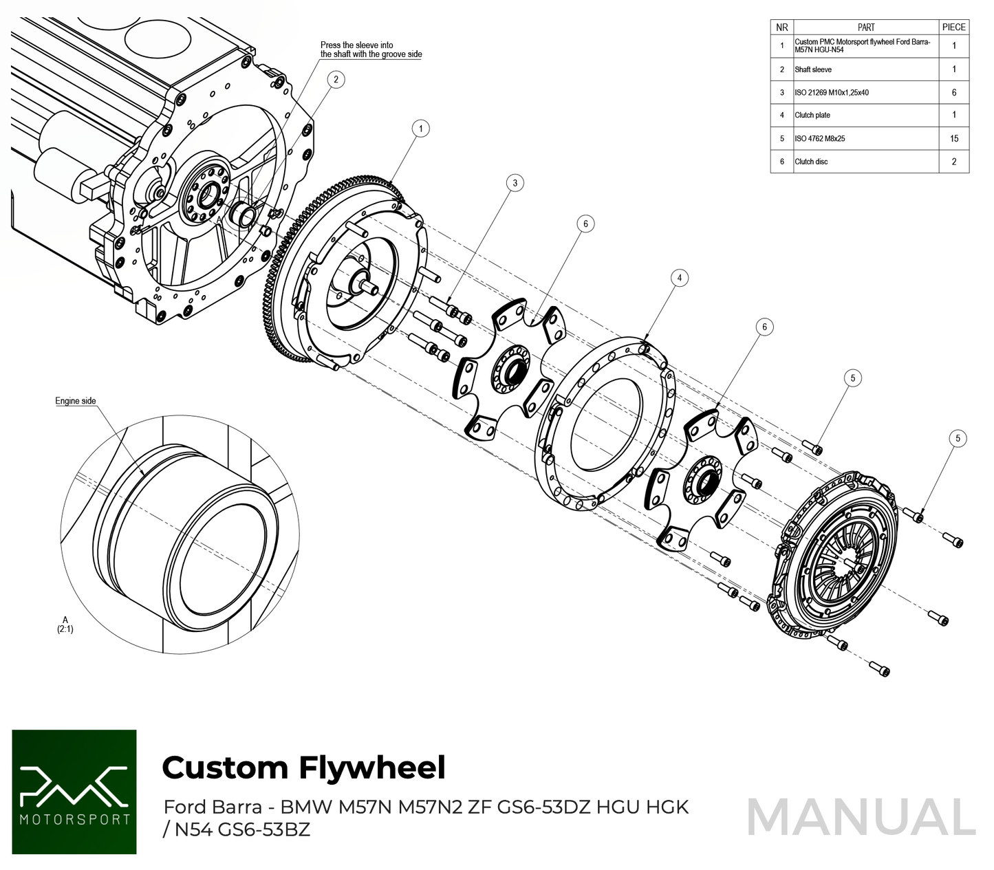 PMC Motorsport - RACE STAGE Ford Barra - BMW M57N HGU HGK / N54 - 240mm / 9.45" (RS-BAR-HGU-SP)