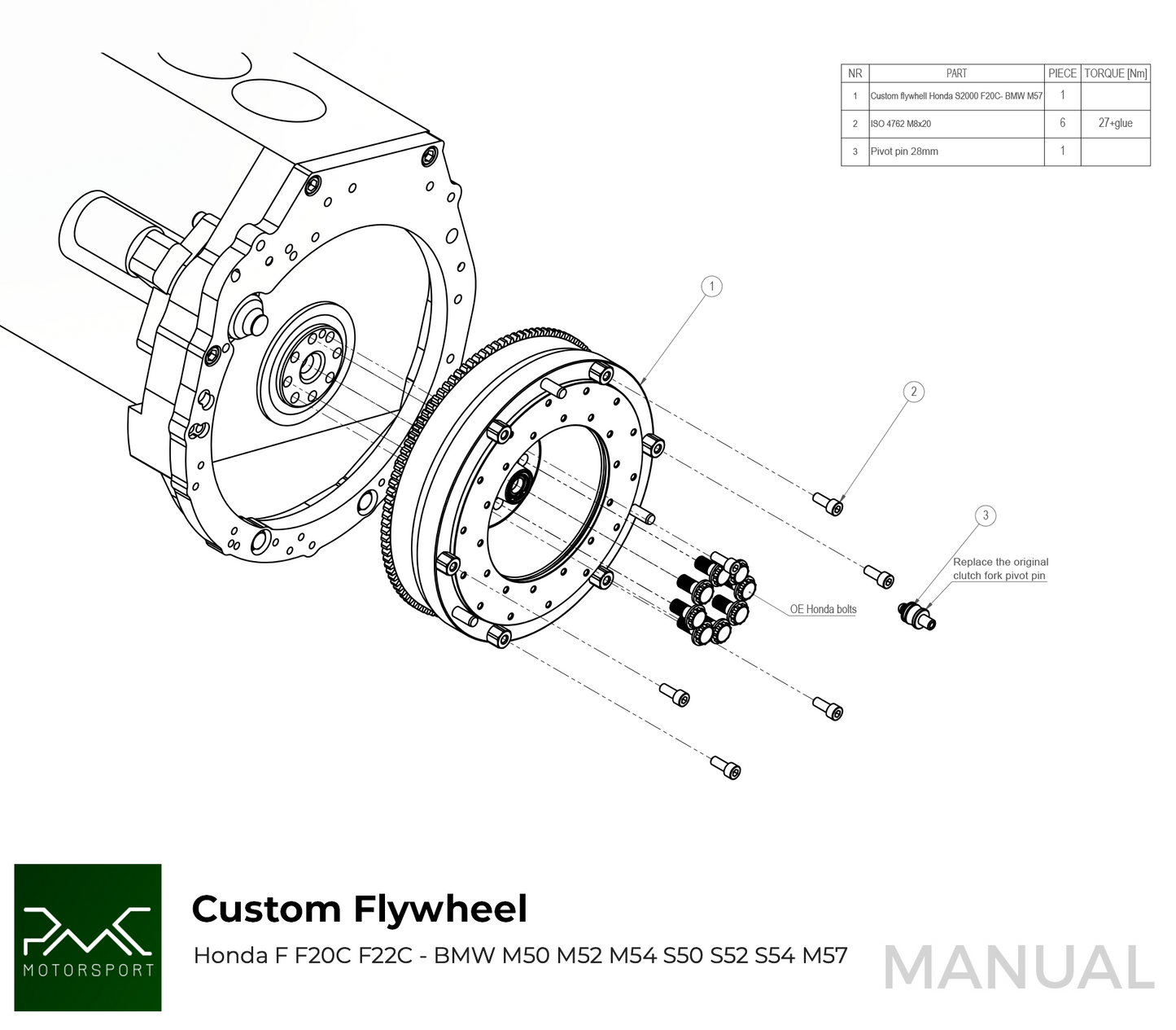 PMC Motorsport - RACE STAGE 1 Honda S2000 - BMW M50 S50 M52 S52 M54 - 240mm / 9.45" (RS1-F-M50-SP)