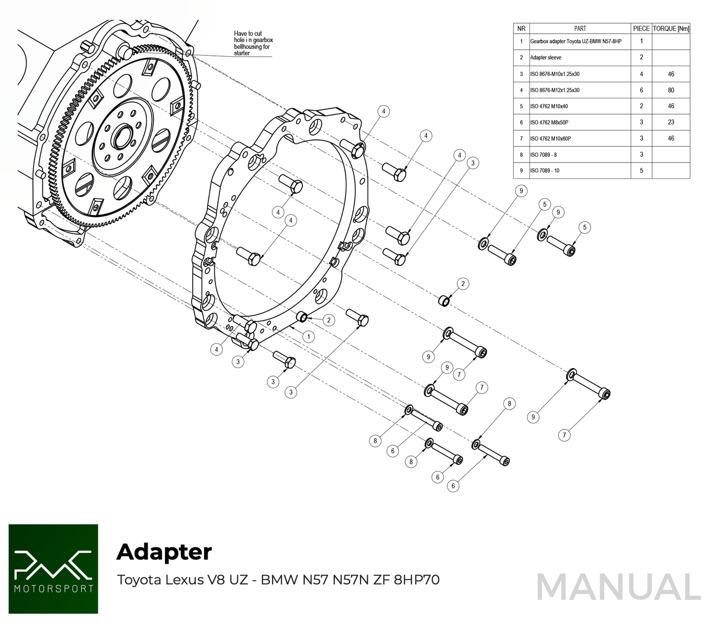 PMC Motorsport - Gearbox Adapter Plate Toyota UZ - BMW (F0M57-UZ)