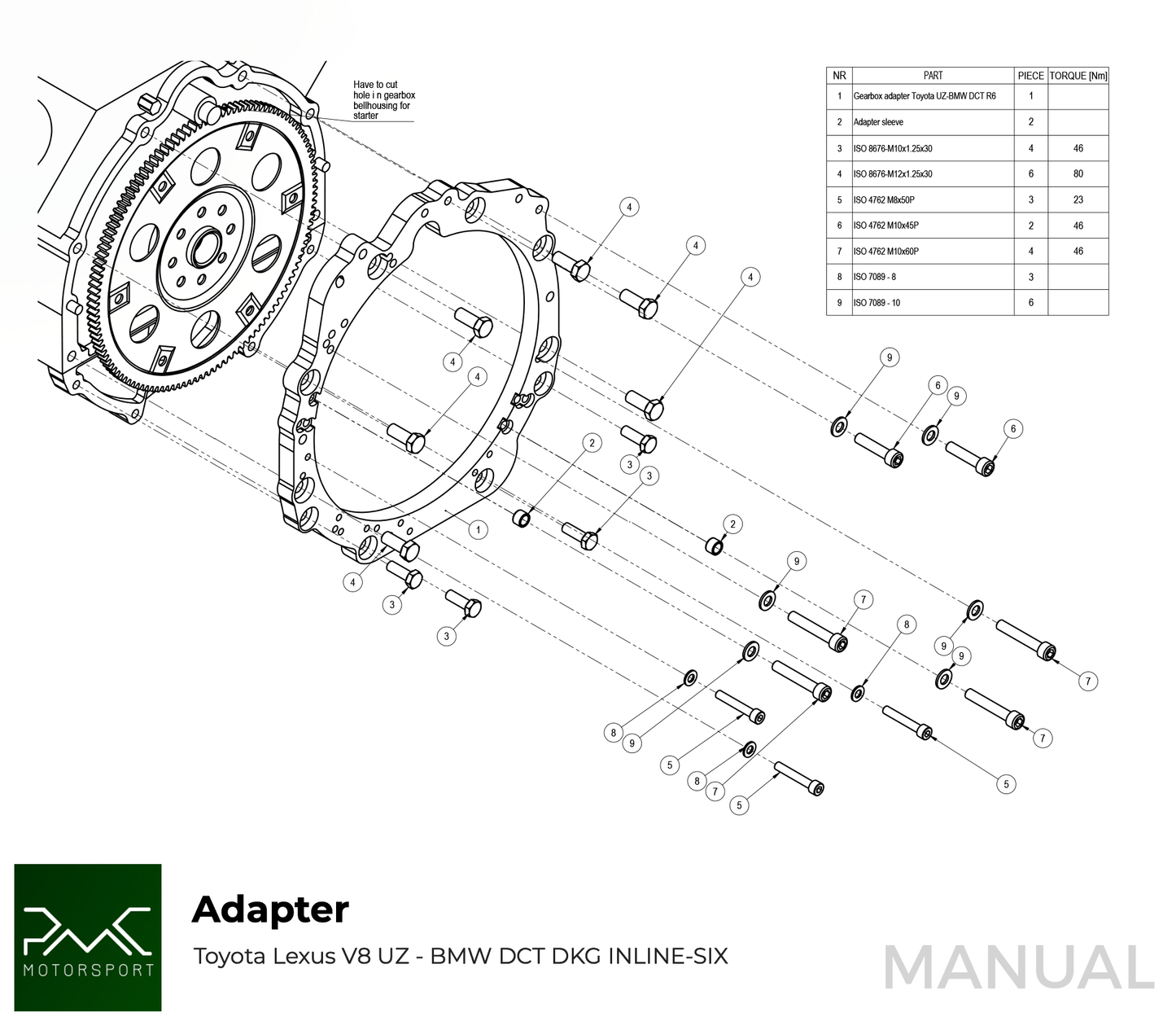 PMC Motorsport - Gearbox Adapter Plate Toyota UZ - BMW (F0M57-UZ)
