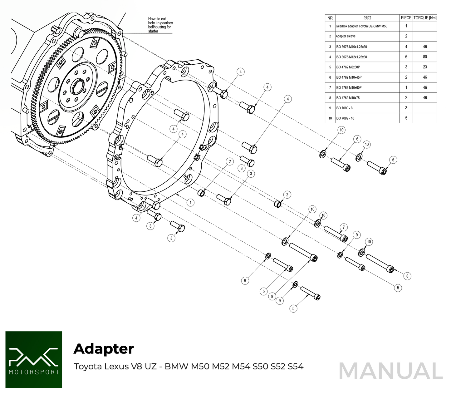 PMC Motorsport - Adapter kit Toyota UZ - BMW M50 S50 M52 S52 M54 - 240mm / 9.45" (A-UZ-M50-240)