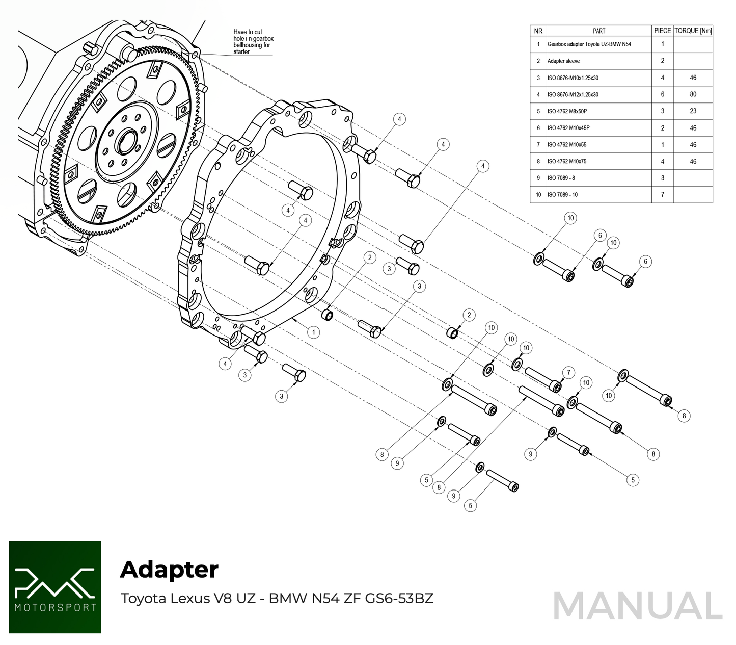 PMC Motorsport - Gearbox Adapter Plate Toyota UZ - BMW (F0M57-UZ)