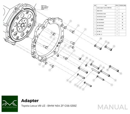 PMC Motorsport - Gearbox Adapter Plate Toyota UZ - BMW (F0M57-UZ)