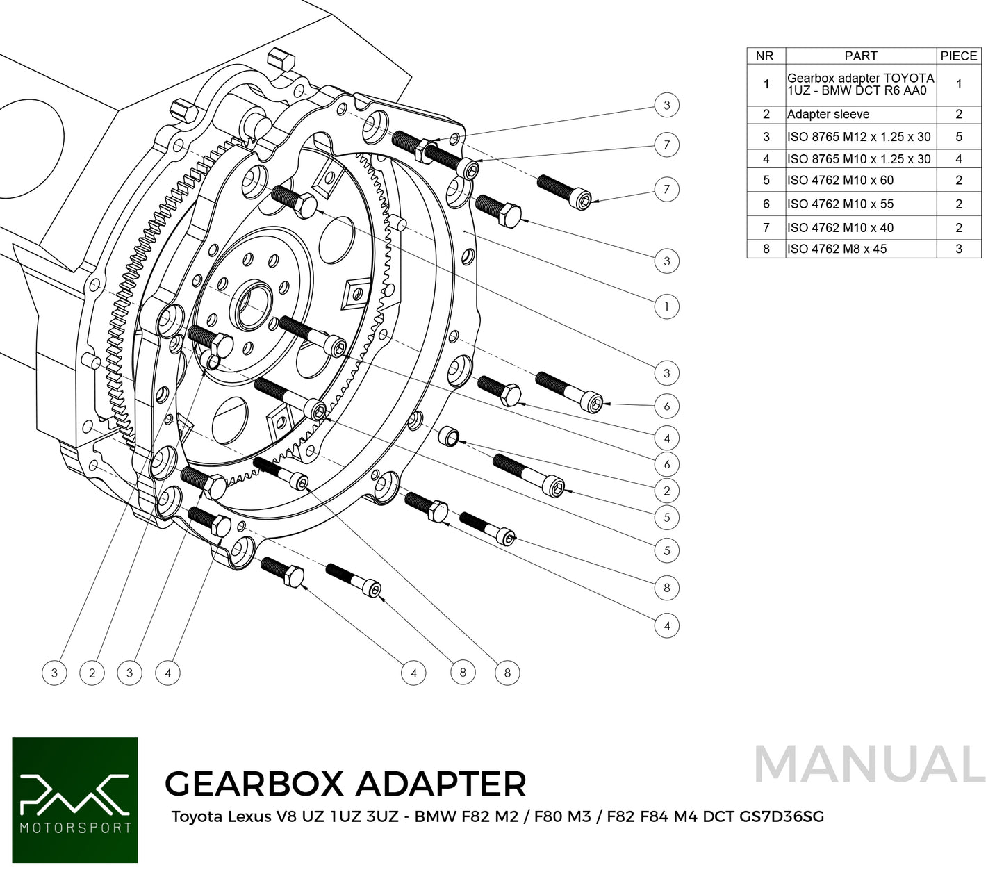 PMC Motorsport - Adapter kit Toyota UZ - BMW DCT DKG Getrag GS7D36SG Inline-six (H) (A-UZ-DCT6-H)