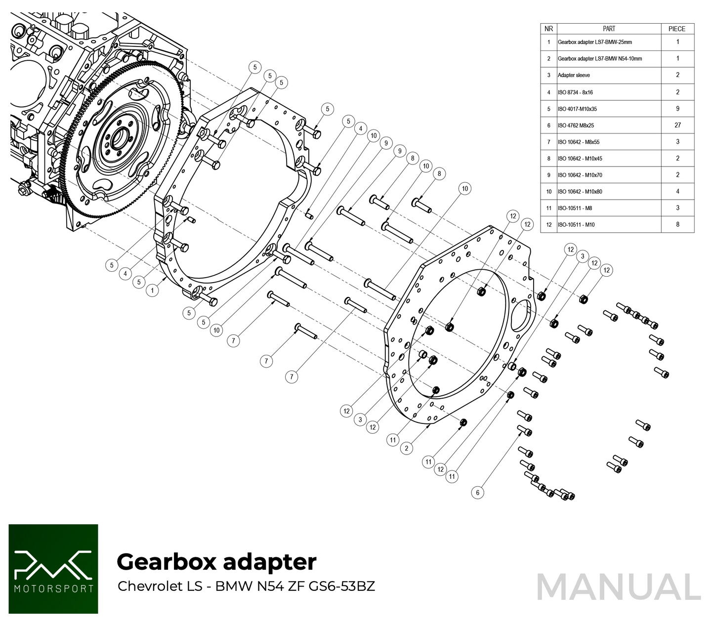 PMC Motorsport - Gearbox Adapter Plate GM Chevrolet LS LM LT - BMW M57N M57N2 N54 (F0M57-LS)