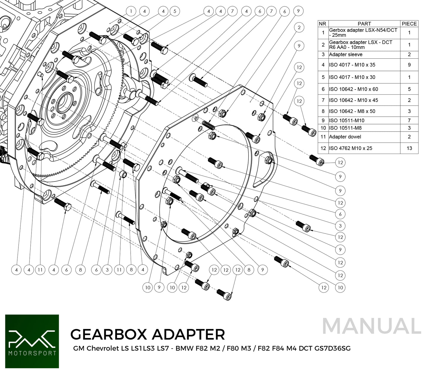 PMC Motorsport - Adapter kit GM Chevrolet V8 LS - BMW DCT DKG Getrag GS7D36SG Inline-six (A-LS-DCT6-L)