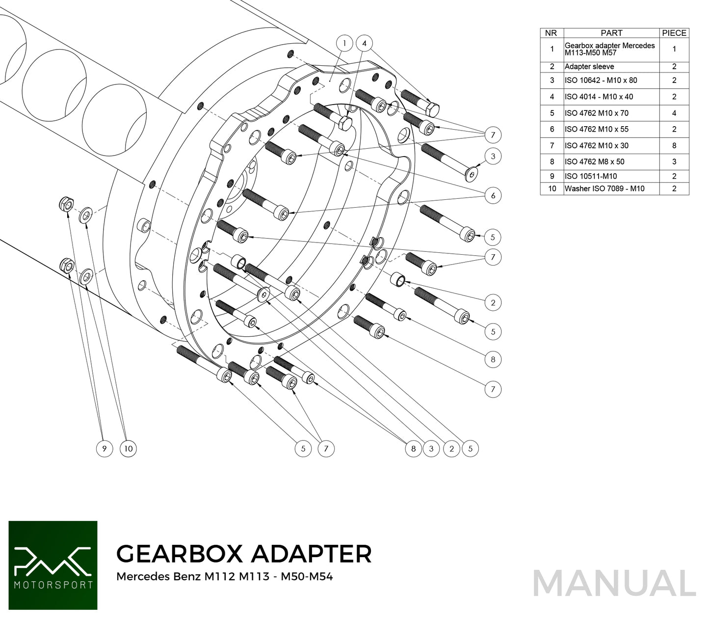 PMC Motorsport - Adapter Kit Mercedes-Benz M112 M113 - BMW M50 S50 M52 S52 M54 - 240mm / 9.45" (A-M113-M50-240)