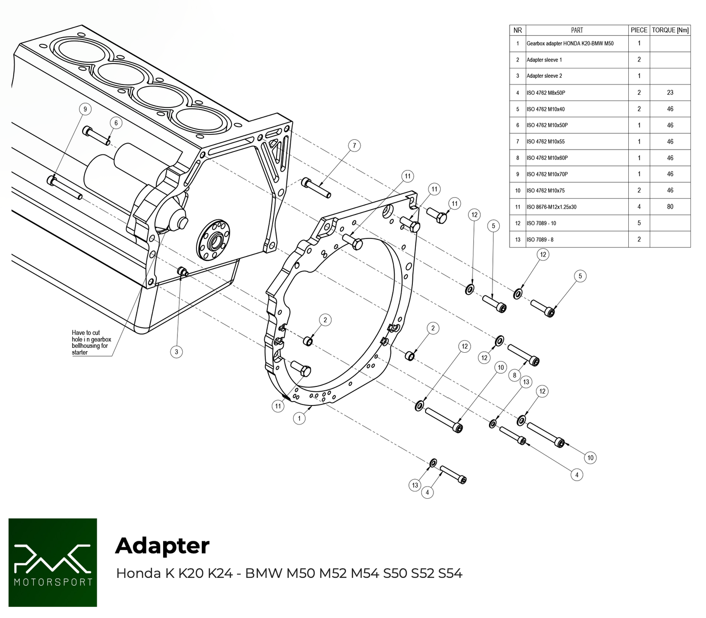 PMC MOTORSPORT - Adapter Kit Honda K - BMW M57 / E46 S54 M3 - 240mm / 9.45" (A-K-M57-240)