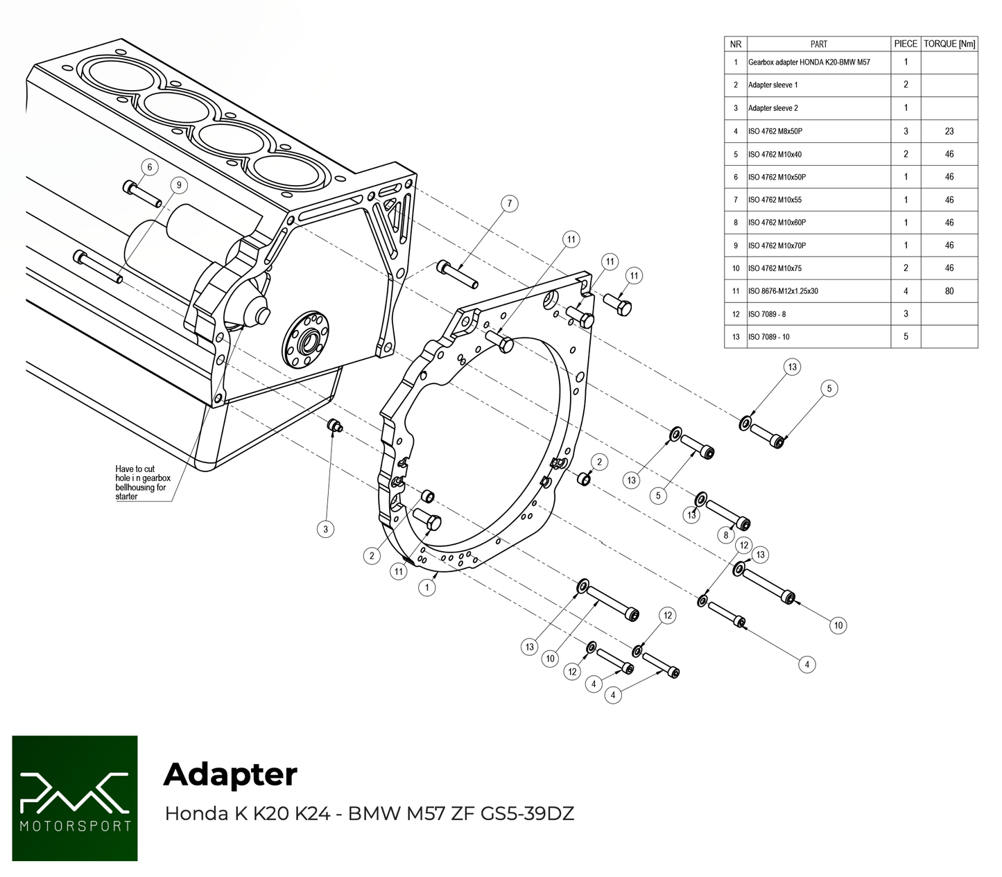 PMC MOTORSPORT - Adapter Kit Honda K - BMW M57 / E46 S54 M3 - 240mm / 9.45" (A-K-M57-240)