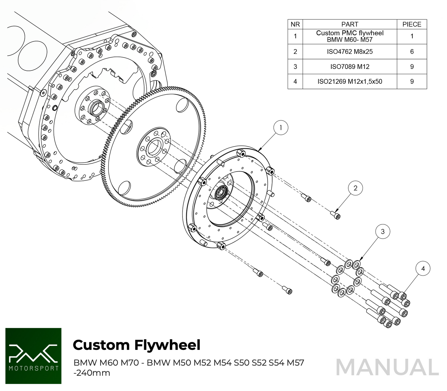 PMC Motorsport - Adapter kit BMW M60 - BMW M50 S50 M52 S52 M54 - 240mm / 9.45" (A-M60-M50-240)