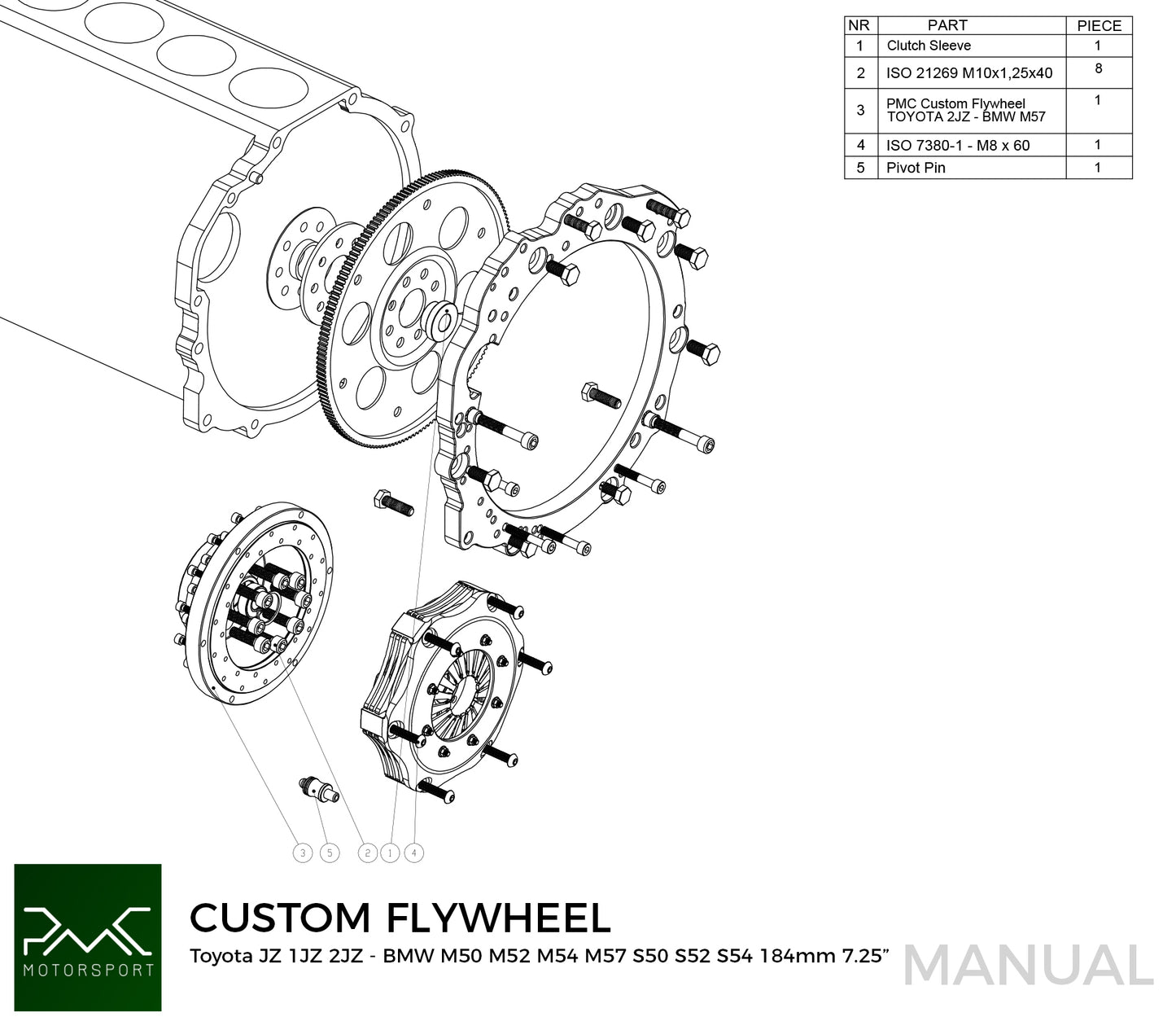PMC Motorsport - Adapter kit Toyota JZ - BMW M57 / E46 S54 M3 - 184mm / 7.25" (A-JZ-E46-184S)