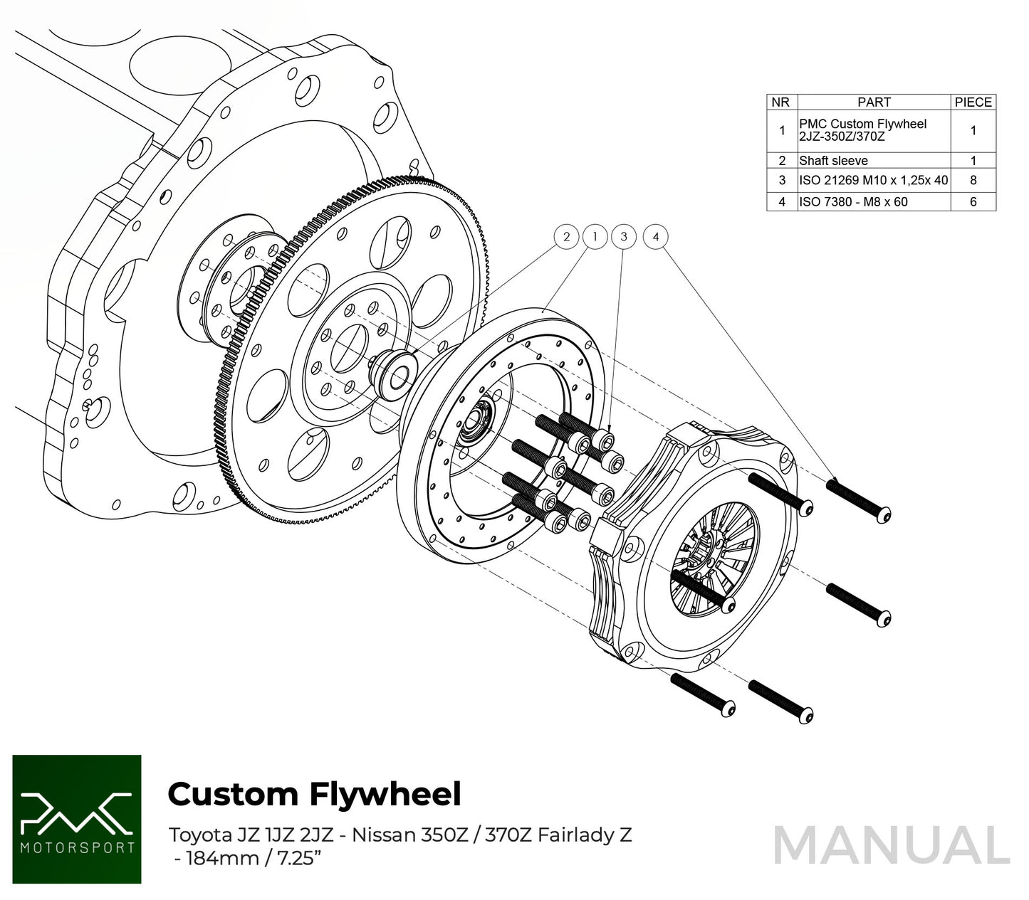 PMC Motorsport - RACE STAGE 3 Toyota JZ - Nissan 350Z Z33 370Z Z34 -184mm / 7.25" (RS3-JZ-350-184P)