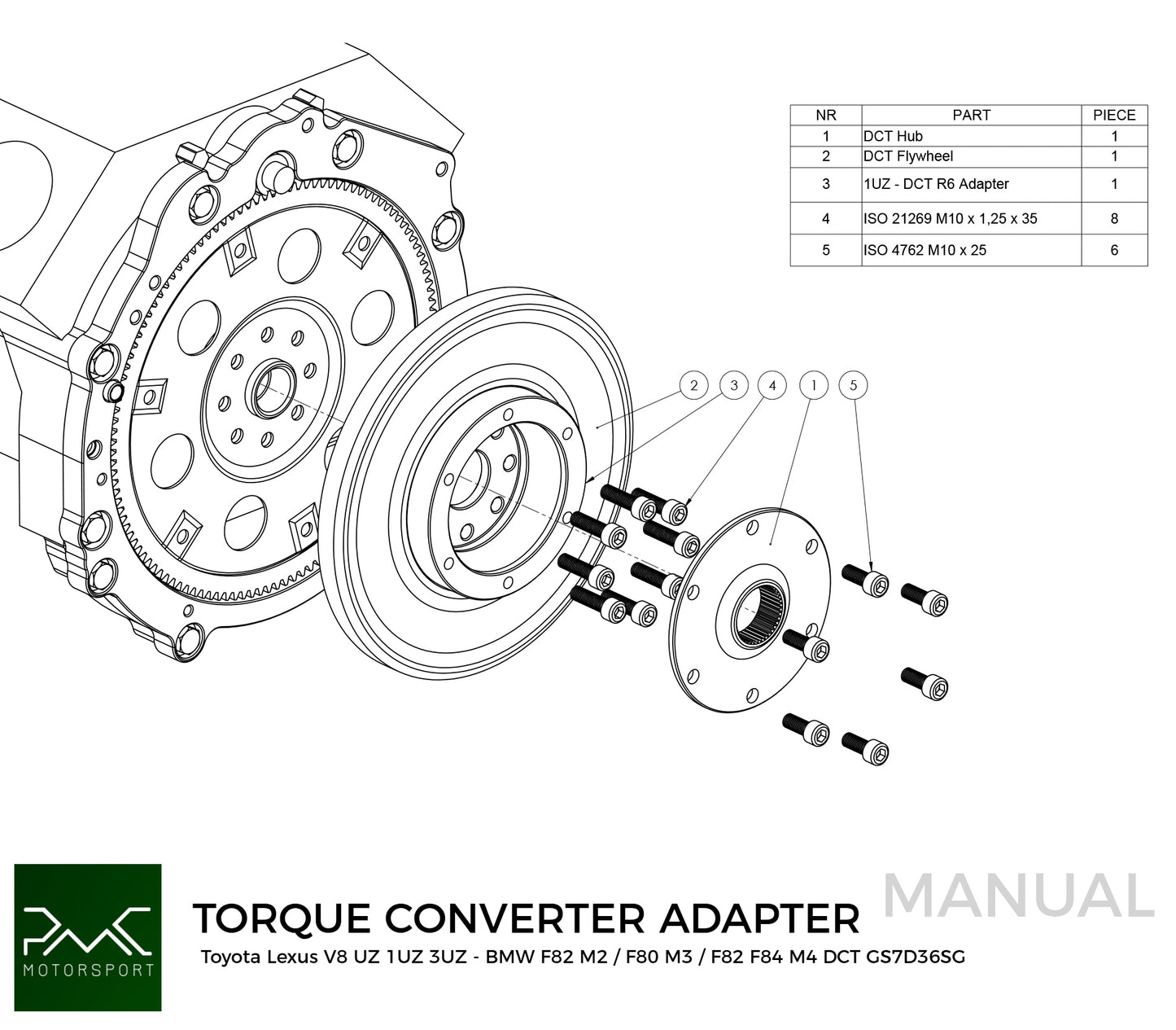 PMC Motorsport - Adapter kit Toyota UZ - BMW DCT DKG Getrag GS7D36SG Inline-six (H) (A-UZ-DCT6-H)