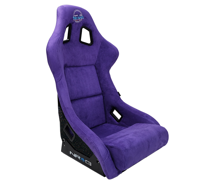 A purple Alcantara bucket car seat with a universal side mount bracket, designed for racing or performance use.