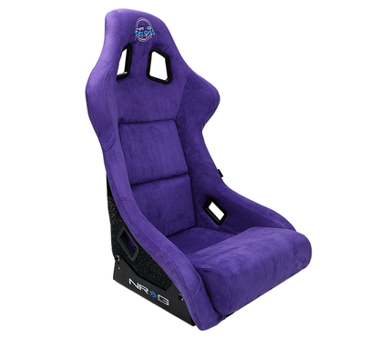 A purple Alcantara bucket car seat with a universal side mount bracket, designed for racing or performance use.
